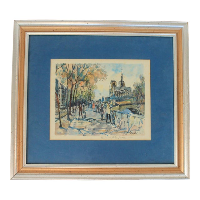 Vintage Parisian Cityscape Lithograph of the Notre Dame Cathedral in Paris For Sale