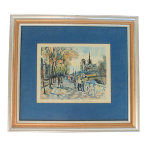 Vintage Parisian Cityscape Lithograph of the Notre Dame Cathedral in Paris