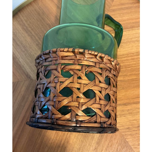 Vintage Green Blown Glass Pitcher With Wicker Basket Wrap – Possibly Empol For Sale - Image 9 of 13