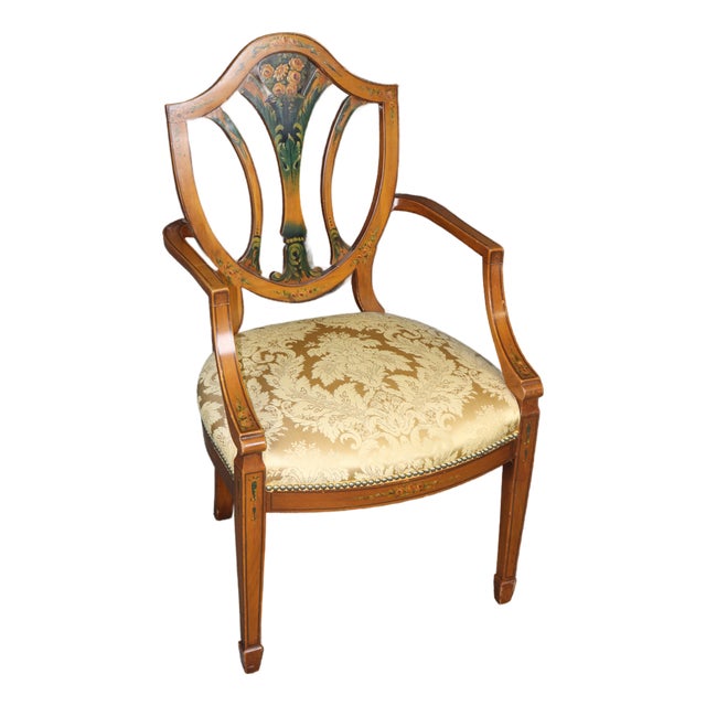 Antique 19th C. English Adams Style Satinwood Armchair, Silk Damask Upholstery For Sale