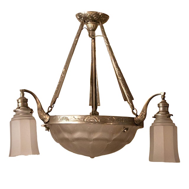 Chrome-Plated Metal and White Crystal Chandelier, 1920s For Sale