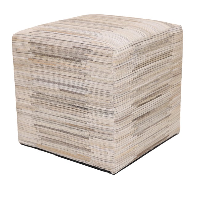 Chestnut Handmade Cowhide Leather Ottoman Pouf 18x18x18 in Neutral Textured Patchwork For Sale - Image 8 of 10