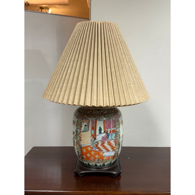 Design Plus Gallery presents a Rose Medallion Style Porcelain Ginger Jar Table Lamp. The porcelain jar-form body displays...