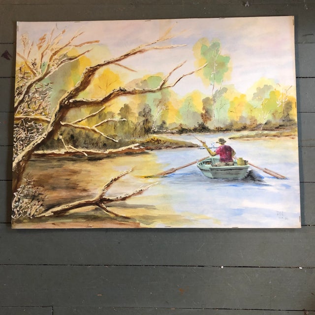 Original Vintage Watercolor Man in Stream Fishing in Boat 1980’s For Sale In Philadelphia - Image 6 of 6