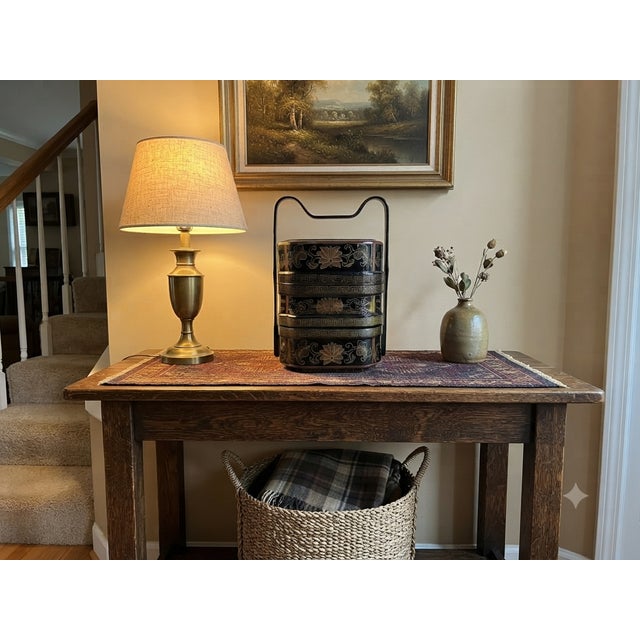 Black Vintage Chinese Black & Gold Lacquered Wood Basket Floral Geometric Motifs For Sale - Image 8 of 11