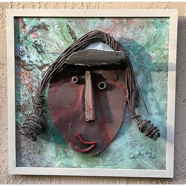 Funky Mixed Media Metal Face Sculpture Copper & Brass Brutalist Wall Art For Sale - Image 12 of 15
