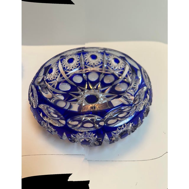 Mid 20th Century Bohemian Blue Cobalt Cut to Clear Two(2) Ashtrays Faceted Cut Diamond Star For Sale In New York - Image 6 of 16