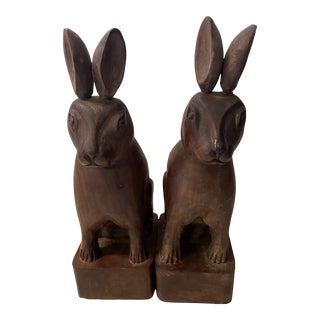 1960s Modern Hand Carved Wood Rabbit Bookends - a Pair For Sale