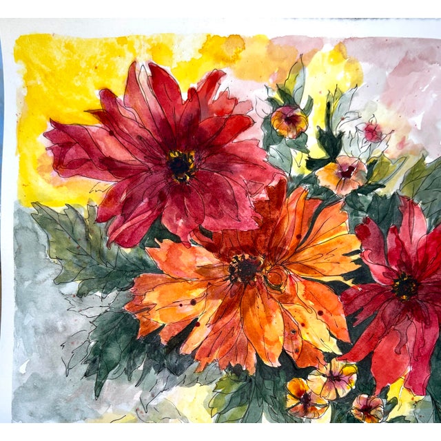 Original Watercolor painting with ink of orange and red dahlias growing in my greenhouse. Painted with Daniel smith...