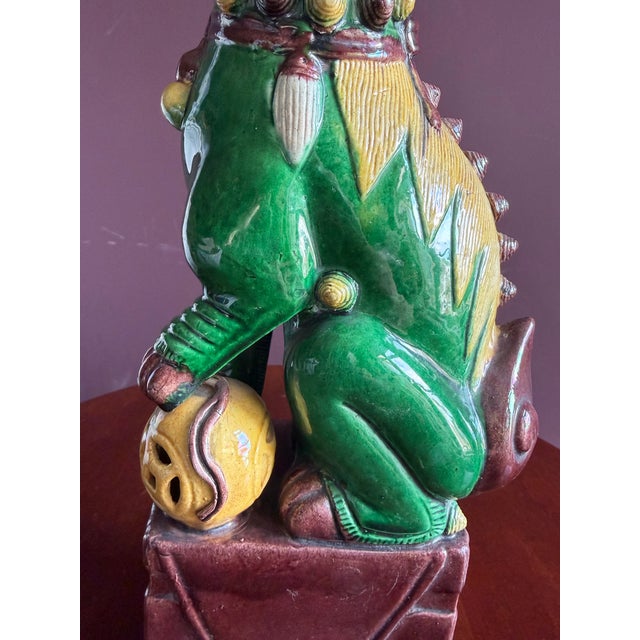 Chinese Foo Dog 19th Century Antique Chinese Hand Made Ceramic in the Famille Vert Glaze. 15-3/4” Tall. For Sale - Image 3 of 11
