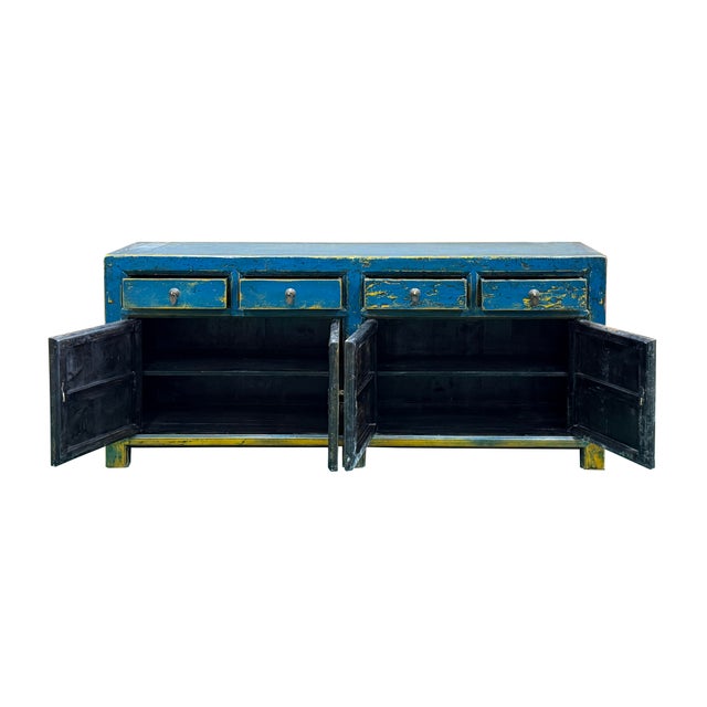 Distressed Bright Blue Oriental Sideboard Credenza Console Table Cabinet For Sale - Image 4 of 18