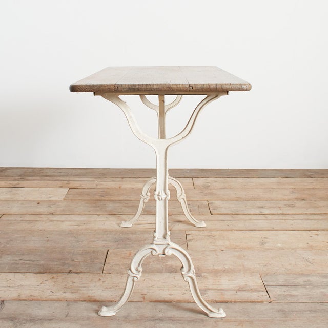 Antique French Wrought Iron Garden Bistro Table with Wooden Top, 1920s For Sale - Image 4 of 10