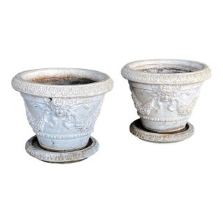 Large Pair Neoclassical Style Cast Stone Planters With Undertrays For Sale