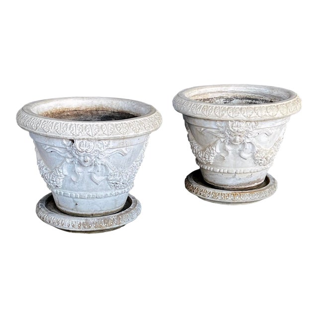 Large Pair Neoclassical Style Cast Stone Planters With Undertrays For Sale