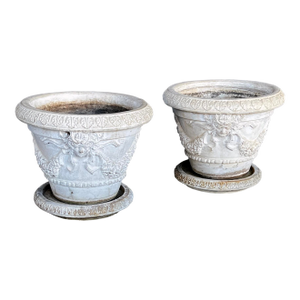 Large Pair Neoclassical Style Cast Stone Planters With Undertrays