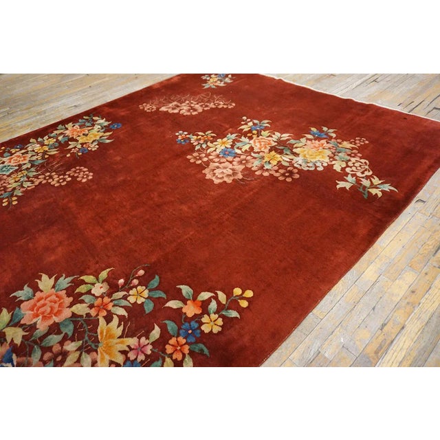 1930s 1930s Red Modernist Flowers Antique Chinese Art Deco Carpet 8'10'' X 11'4'' Knotted Wool Rug For Sale - Image 5 of 12