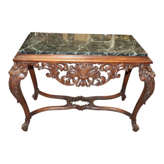 Fine Carved Walnut Verdi Green Marble Top Console Table With Stretcher Base For Sale