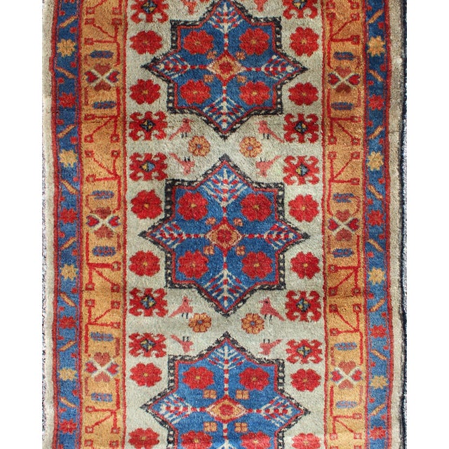 Tribal Vintage Turkish Rug With Star Design in Light Green, Orange, Red & Blue For Sale - Image 3 of 6
