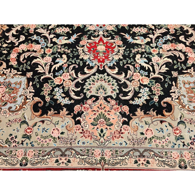 Persian Vintage Persian Tabriz Rug, Hand-Knotted Wool & Silk, Floral Garden Pattern, Black & Red, 8x10 For Sale - Image 3 of 18