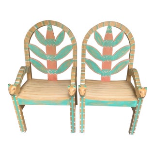 1990s Pair of Colorful Mexican Hand Carved & Painted Chairs With Wood Seat and Cat Design For Sale