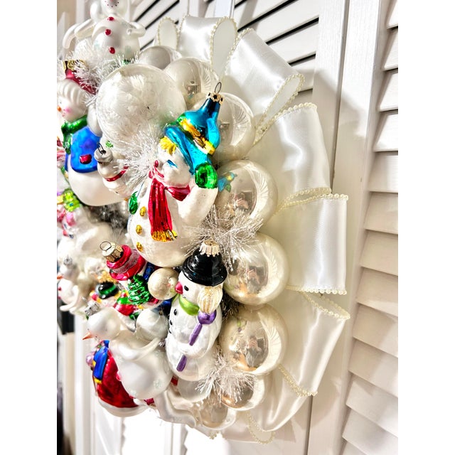 Glass One-of-a-Kind Christmas Wreath With Vintage Blown Glass Snowman Ornaments For Sale - Image 7 of 11