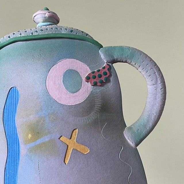 Vintage Memphis Style Flattened Ceramic Tea Kettle/Postmodernist, Signed For Sale In Philadelphia - Image 6 of 9