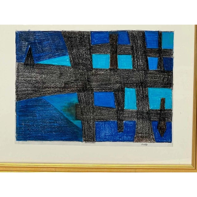 This abstract pastel drawing by artist Amalua Schulthess features large light and dark blue blocks crossed by wide black...