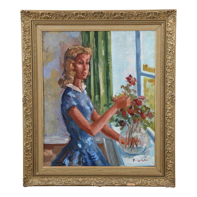 Bendt Lauritzen, Woman with Flowers, 1960s, Oil on Canvas, Framed For Sale