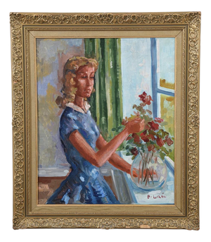 Bendt Lauritzen, Woman with Flowers, 1960s, Oil on Canvas, Framed