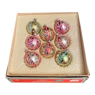 Vintage Glass Christmas Tree Ornaments Made in Romania - Set of 8 in Original Box For Sale