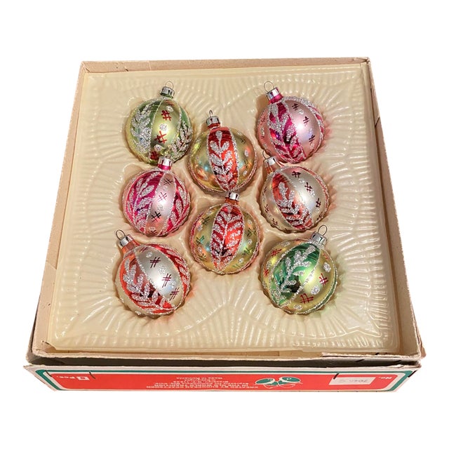 Vintage Glass Christmas Tree Ornaments Made in Romania - Set of 8 in Original Box For Sale