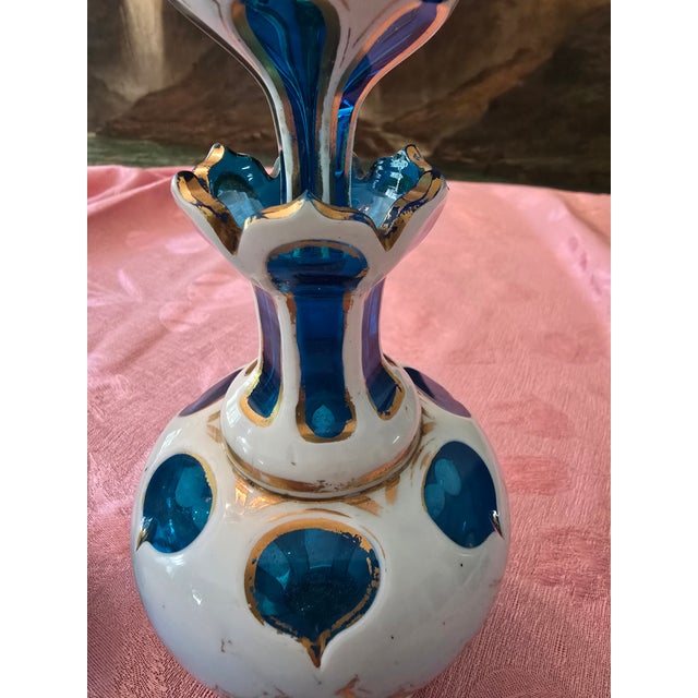 Antique Moser Bohemian Glass Overlay Pr Aquamarine Bottles For Sale - Image 4 of 14