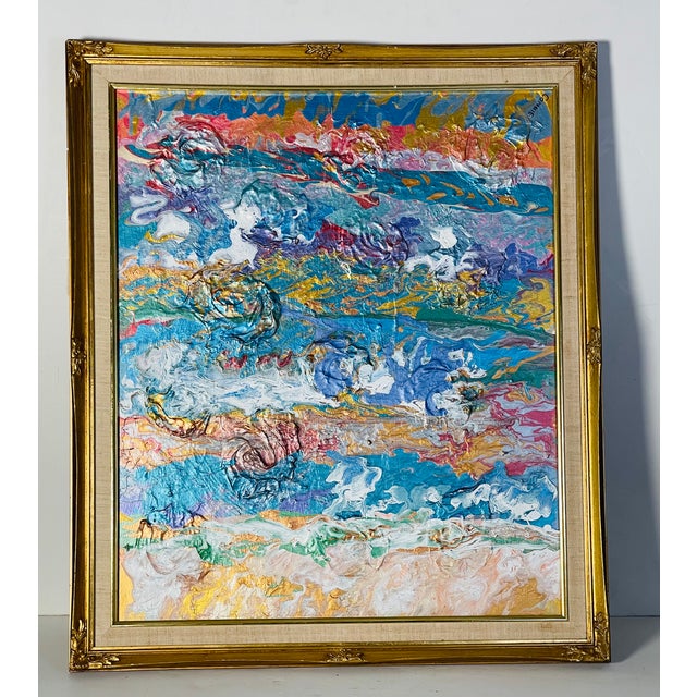 Textile Abstract Vintage Painting on Canvas in Antique Frame For Sale - Image 7 of 8