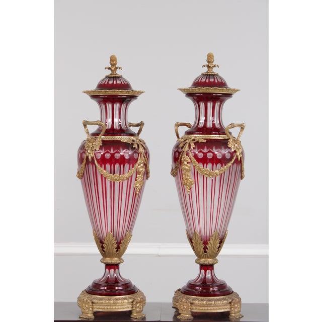 French Pair Palatial Bohemian Cut to Clear Crystal Bronze Urns For Sale - Image 3 of 18