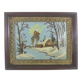 Early 20th Century Needlepoint in Antique Wood Frame With Giltwood Cottagecore Country Style Embroidered Picture For Sale