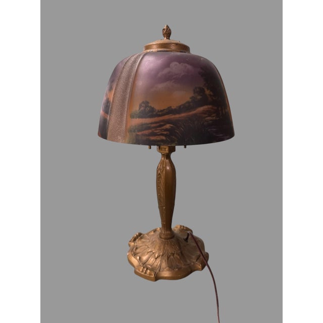 Vintage Antique Reverse Painted Landscape Panel Table Lamp In very good condition showing some typical age-appropriate...