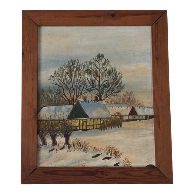 Vintage Original Cottage Oil Painting: Framed Winter Landscape Art For Sale