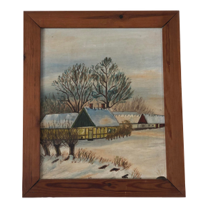 Vintage Original Cottage Oil Painting: Framed Winter Landscape Art