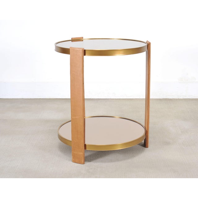 Ralph Lauren Dalton Side Drink Table Brass Leather and Glass For Sale - Image 9 of 18