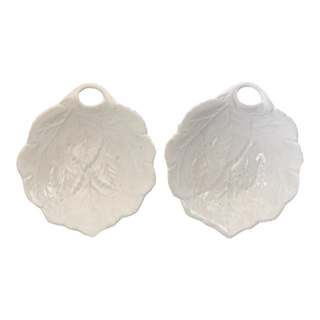 Vintage Mid-Century White Majolica Leaf Serving Dishes, a Pair For Sale