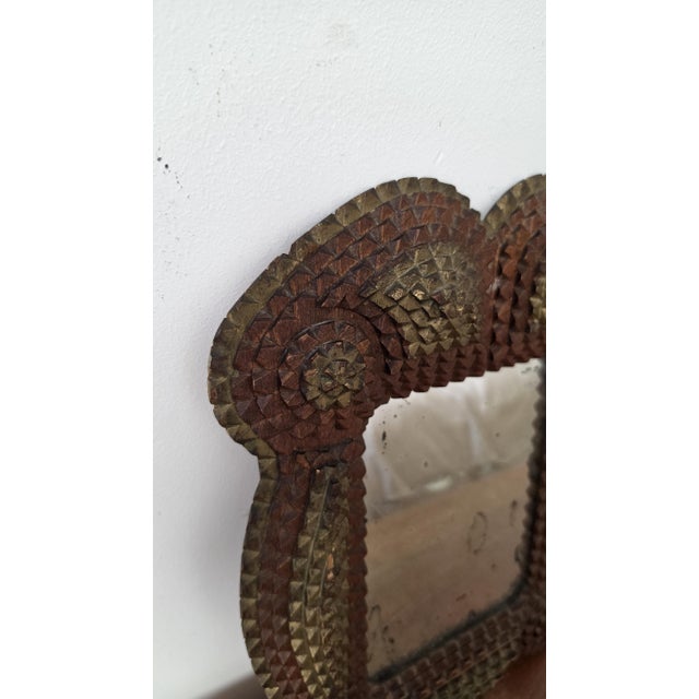 Antique Tramp Art Mirror, Folk Art Carved Wood Mirror, Rustic Americana Wall Decor, Hand Carved Wooden Frame For Sale - Image 12 of 15