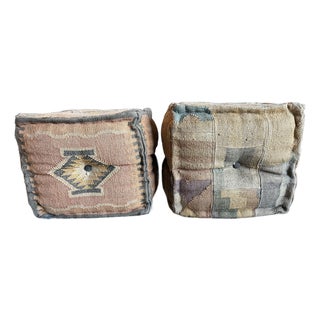 Bohemian Vintage Kilim Cube Stool Pair in the Style of George Smith For Sale