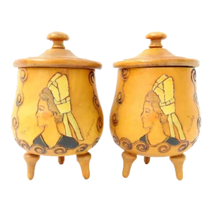 Vintage French Breton Artisan-Made Wooden Mustard Condiment Jars, Signed, Pair