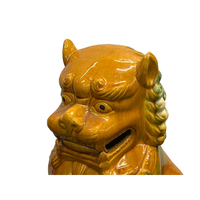 Pair Chinese Tri-Color Mustard Yellow Glaze Fengshui Lions Foo Dogs For Sale - Image 10 of 15