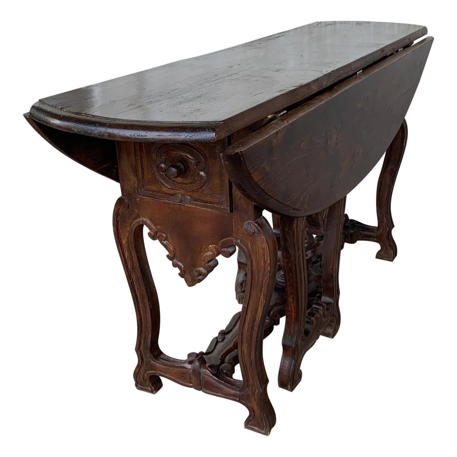18th Century Carved Oak Gateleg Oval Table with Drawers and Lyre Legs ...