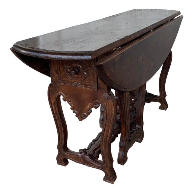 18th Century Carved Oak Gateleg Oval Table with Drawers and Lyre Legs For Sale