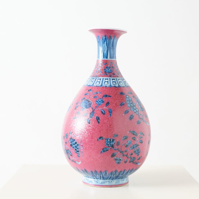 Vase with Blue and White Lotus Decoration on Pink Ground For Sale In San Francisco - Image 6 of 11