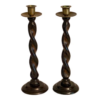 English Barley Twists Wood & Brass Holder Candle Sticks-Set of 2 For Sale