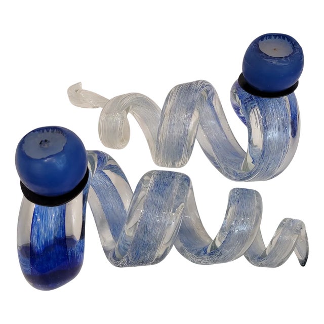 Blue Spiral Candleholders in Glass, France, 1980s, Set of 2 For Sale