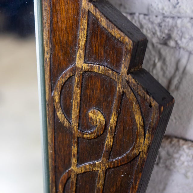 Brown Early to Mid-20th Century Art Deco Hanging Mirror Decorative Carved Wood Fanned Side Panels For Sale - Image 8 of 18
